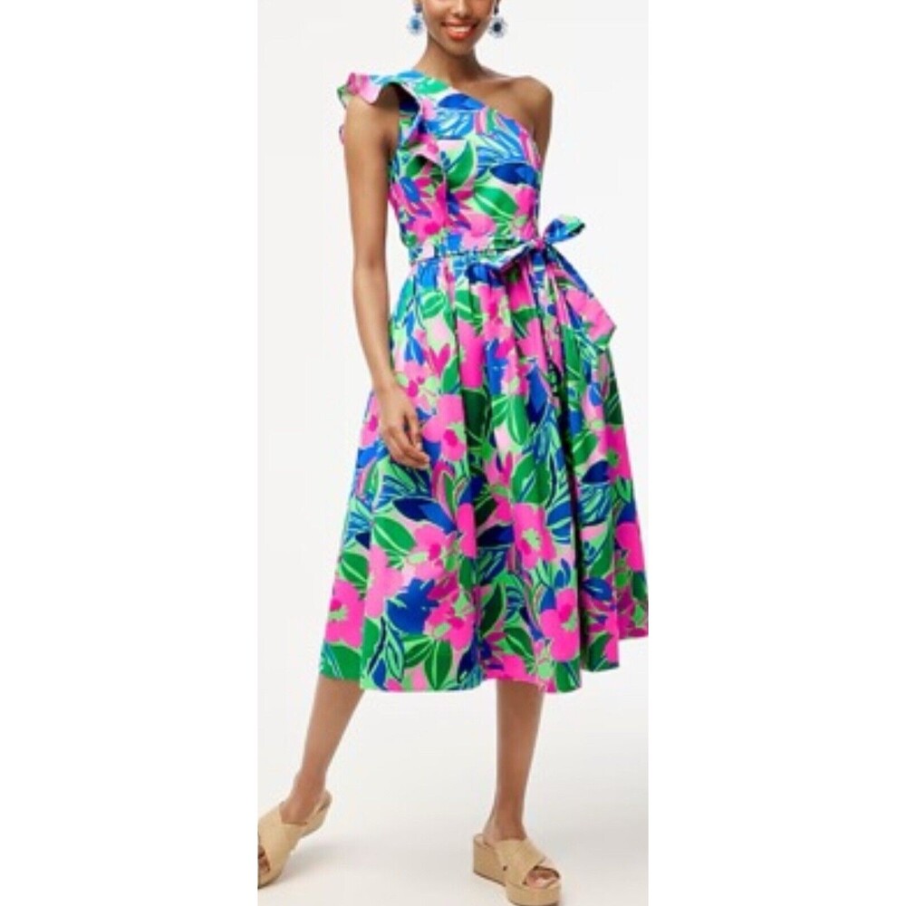 J Crew Midi Dress Women One Shoulder Pin Floral Vacay Preppy Boho Retro 10P NWT